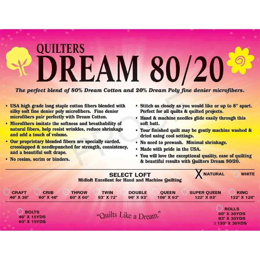 80/20 Cotton Poly NATURAL Select Midloft Loft Quilt Batting Size King (122"x120") - Quilter's Dream - On Pins & Needles Quilting Co.