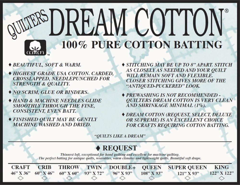 Cotton WHITE Request Thin Loft Quilt Batting Size Double+ (96"x93") - Quilter's Dream - On Pins & Needles Quilting Co.
