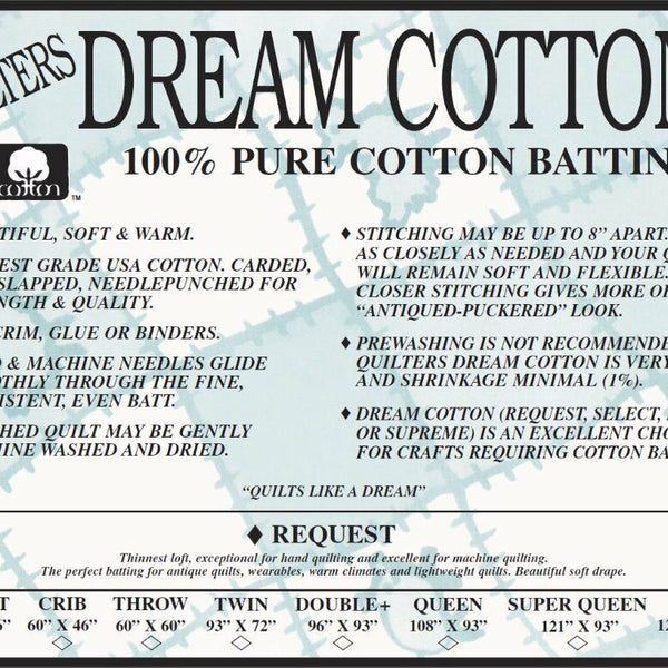Quilter's Dream Deluxe 100% cotton batting (Natural) -Queen roll